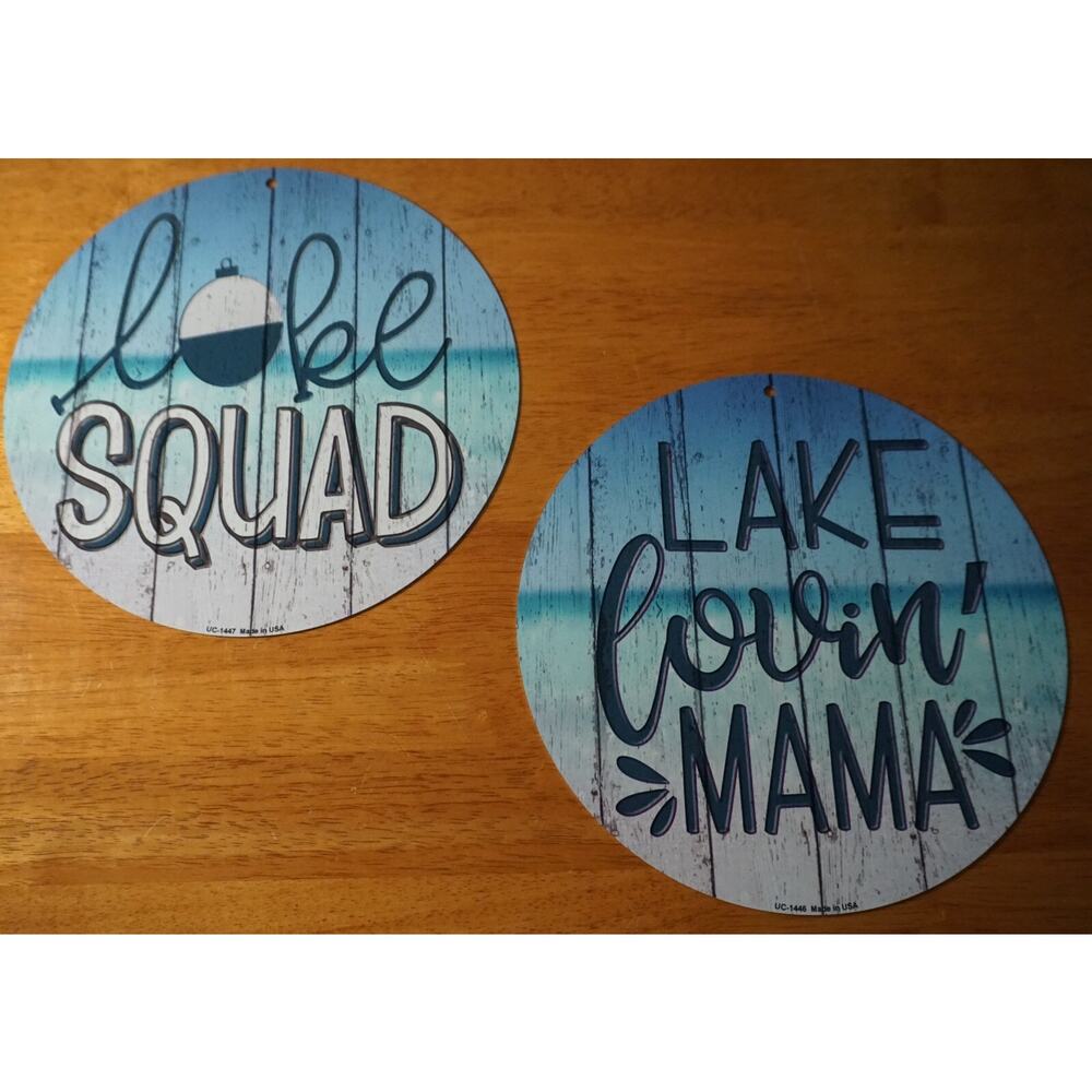 2 Lake Squad & Lake Loving Mama Fishing Bobber Cabin Lodge Home Decor Signs NEW